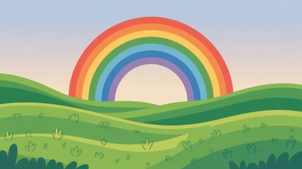 Fototapeta premium Bright colorful rainbow over rolling green hills in cartoon landscape style