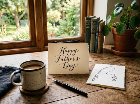 Cozy father's day morning scene with coffee and card