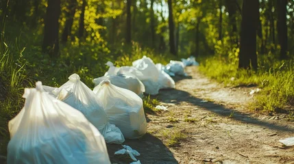 White plastic trash bags piled along a sunlit dirt hiking trail in a lush green forest © MUHAMMAD