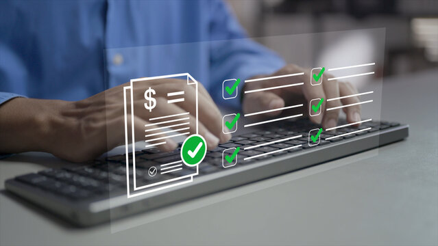 Financial approval management concept. Person typing keyboard with finance and approval workflow icons, budget authorization, expense control and financial governance.