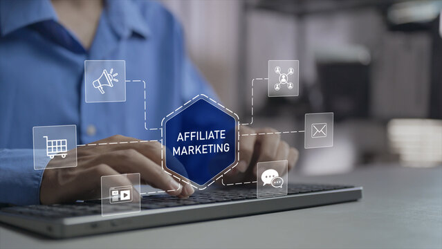Affiliate marketing concept. Person typing keyboard with commission and digital marketing icons, partner promotion, online sales generation and performance based marketing.