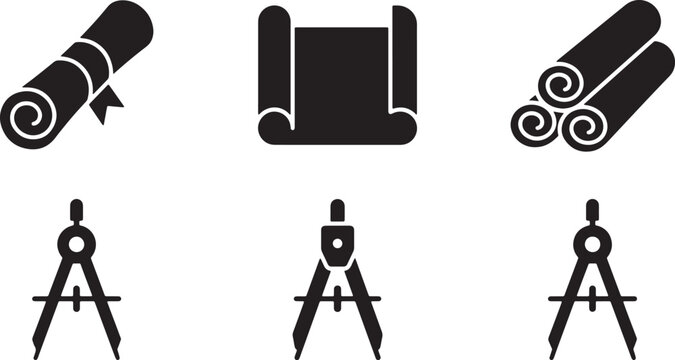 Black and white icons of drafting tools and scrolls
