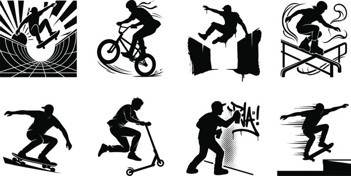 Collection of Urban Sports Silhouettes Featuring Skateboarding, BMX, Parkour, Inline Skating, Scooter, and Graffiti Art