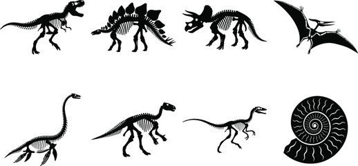 Prehistoric Dinosaur Skeleton Silhouette Icons Featuring Tyrannosaurus, Stegosaurus, Triceratops, Pteranodon, and Fossil Designs © MstMahurun