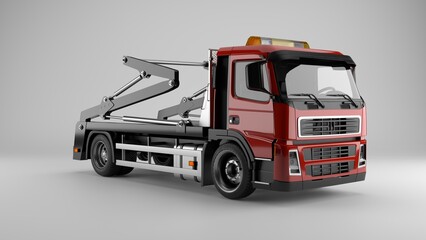 Red commercial hook lift truck isolated on white background 3d render © Astro Vigital