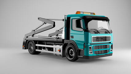 Turquoise commercial hook lift truck isolated on white background 3d render © Astro Vigital