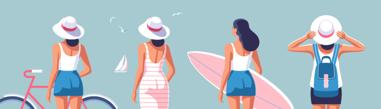 Vector illustrations of women on the theme of summer adventures, travel, beach fun and relaxation.