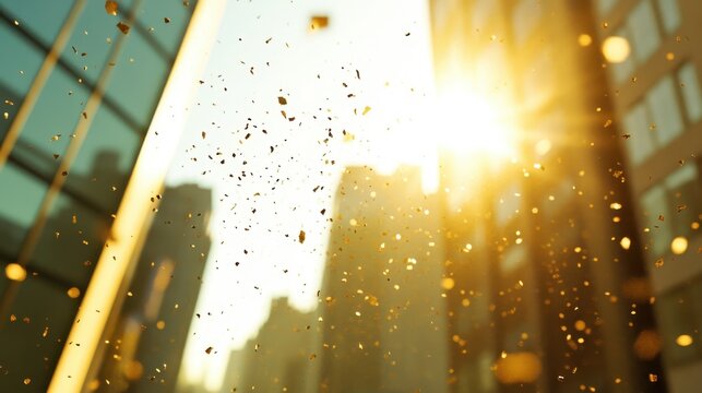 Golden airborne particles illuminated by bright sunlight in an urban atmosphere with blurred city buildings