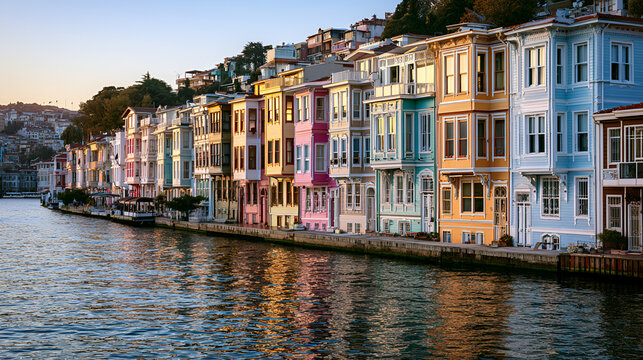 Arnavutkoy district showcasing a row of traditional ottoman wooden houses with colorful bay windows along the bosphorus waterfront, reflecting soft golden light