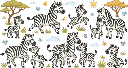 Obraz premium Cute Cartoon Zebra Character Set Featuring Happy African Safari Animals, Mothers, and Baby Colts for Kids Nursery, Stickers, and Educational Clip Art