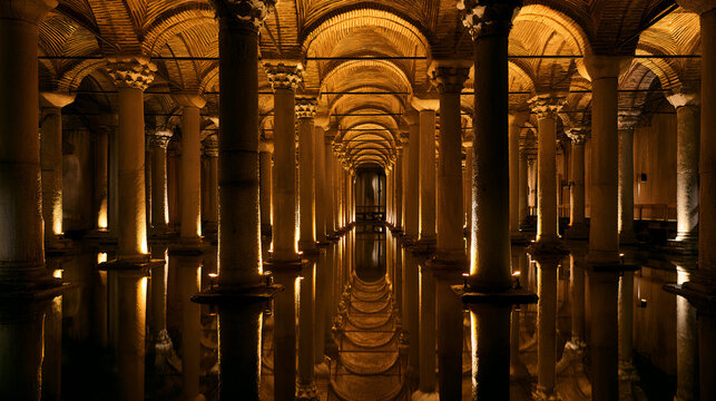 Basilica cisterns forest of ancient columns and vaulted arches bathed in golden light, mirrored in calm shallow water to evoke mysterious byzantine subterranean grandeur