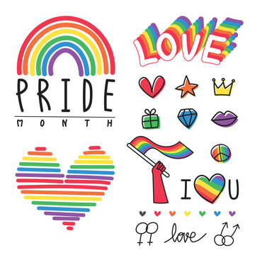 set of Pride Month vector illustration collection featuring rainbow icons, LGBTQ+ symbols, hearts, love typography, equality signs, and colorful flags.
