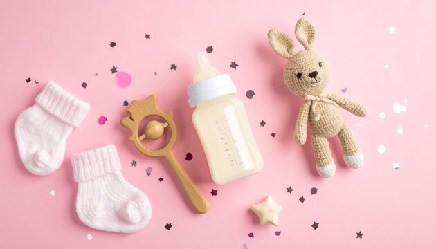 Baby Essentials and Toys on Pink Background.