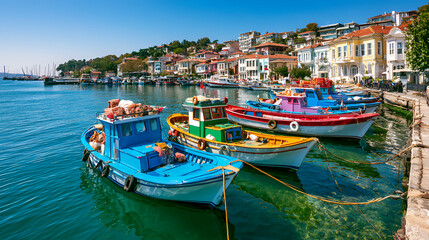 Obraz premium Colorful fishing boats moored in arnavutkoy harbor overlooking the historic ottoman style houses along the bosphorus strait coastline in istanbul, turkey on a sunny day