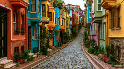 Naklejka premium Balat neighborhood in istanbul featuring vibrant old wooden houses lining a historic cobblestone street, showcasing turkish culture and urban architecture