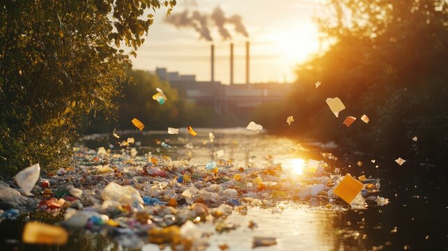 Plastic pollution floats in a polluted river near industrial factory pipelines with smoke billowing into the sunset sky.