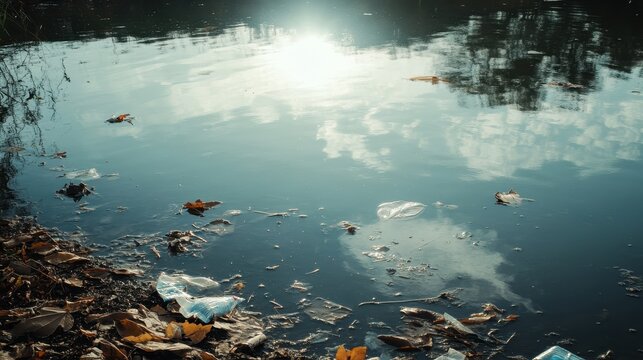 Polluted lake surface with floating plastic debris and murky water on a sunny day