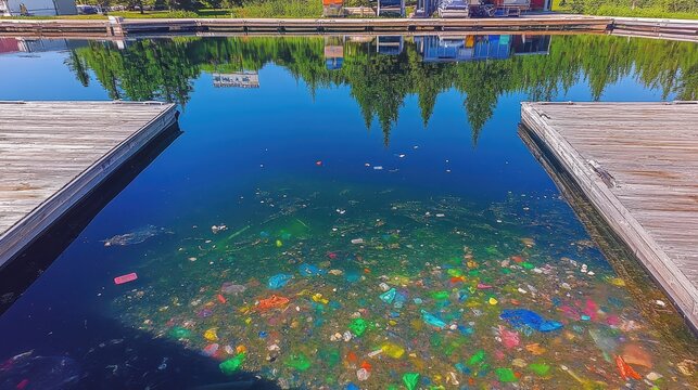 Plastic Pollution Floating Near a Dock in a Busy Marina with Colorful Debris Visible in the Water