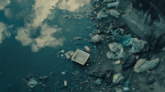 Polluted river landscape with floating trash and chemical residue under a cloudy sky reflects the environmental crisis.