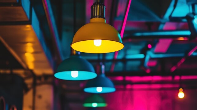 Row of industrial pendant lights in vibrant yellow, blue, and green hues creating a modern, ambient glow