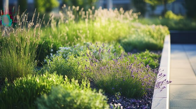 Serene Community Green Space with Lush Sustainable Landscaping and Fragrant Blooming Plants