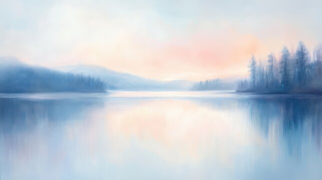 Tranquil twilight lake reflection with misty mountains and soft sky colors over calm waters