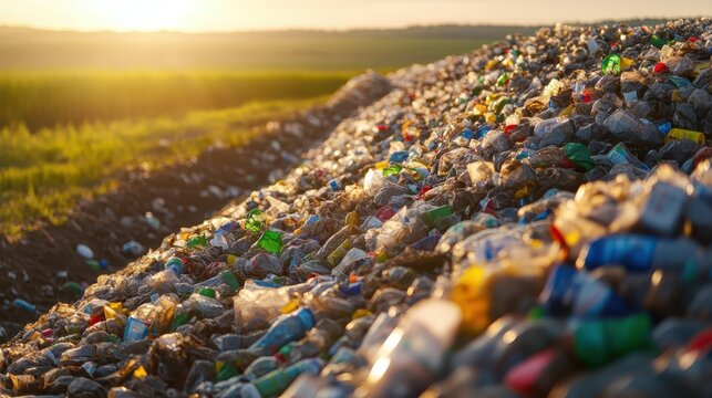 Vast Landfill Pile of Plastic Bottles Under Golden Sunlight, Representing Environmental Waste and Recycling Challenges