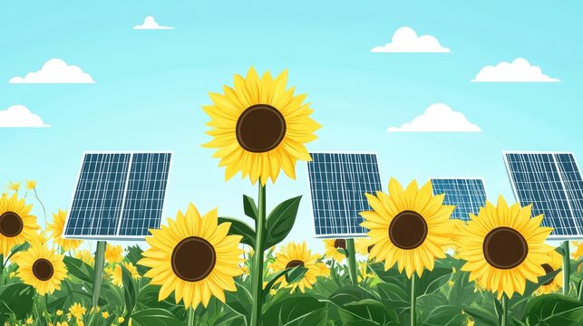 Vibrant sunflowers thriving in a sunny field with solar panels generating clean energy