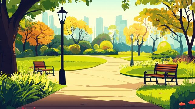 Vibrant urban park landscape with cityscape skyline, green trees, pathways, and lampposts