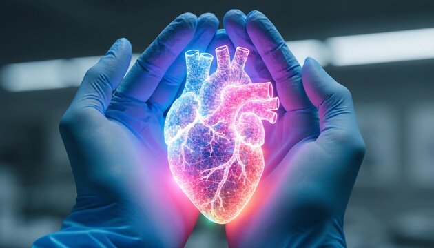 Medical professional hands in blue surgical gloves carefully holding a vibrant glowing digital human heart, futuristic cardiology innovation and healthcare technology concept, photorealistic 8k.