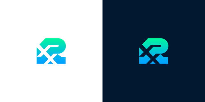 Modern monogram RX or PX letter logo design with vibrant blue and green gradient on dark and light backgrounds