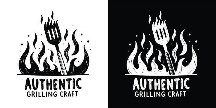 Stylized spatula logo illustration featuring hot flames for authentic grilling