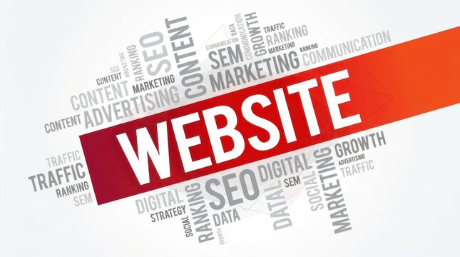 Website search engine optimization marketing concept text cloud written in bold letters on red orange background.