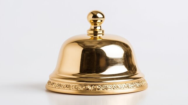 Shiny golden service bell isolated on white background, vintage hospitality concept