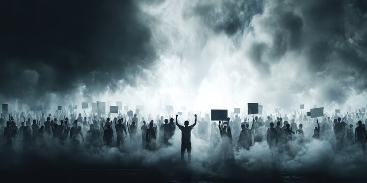 A dramatic crowd of protesters stands in a misty environment, holding signs, conveying a strong message of unity and defiance against an ominous backdrop.