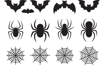 Fototapeta premium A creative Halloween vector collection featuring classic spooky elements such as pumpkins, ghosts, bats, witches, spider webs, skulls, haunted houses, black cats, cauldrons, and graveyard symbols. Des