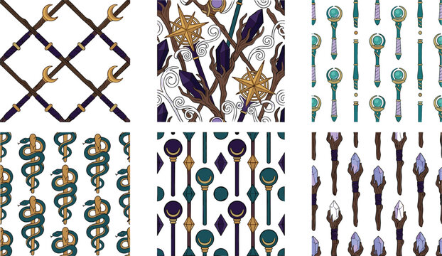 Esoteric fairytale background wallpaper bundle with repeating prints of sorcerer magic staffs mystical quartz crystals venomous serpents and geometric celestial symbols layout
