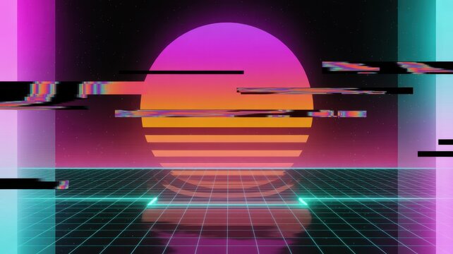 Retro futuristic digital art background with glowing sun and synthwave grid landscape