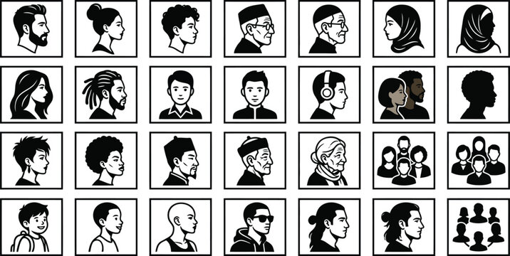 Conjunto de siluetas de personas representando perfiles humanos, incluyendo hombres y mujeres, usuarios y avatares, diversidad de identidades, ilustraci&oacute;n vectorial en estilo simple y moderno, 