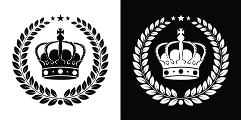 Fototapeta premium Detailed royal crown emblem inside a circular laurel leaf wreath