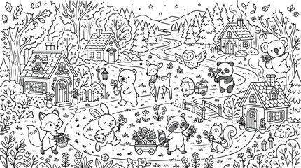 Obraz premium Magic forest animals coloring page set, 10 wizard creature outline illustrations, cute woodland animal sorcerers with magic wands and spell books