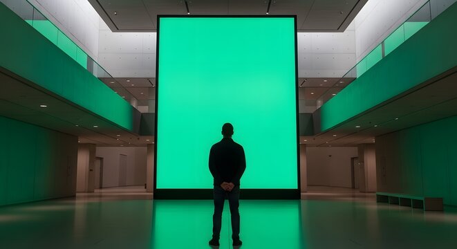 Man Standing Before Large Green Screen in Modern Building.