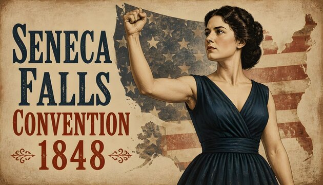 Empowered Woman with Fist Raised Honoring the Seneca Falls Convention of 1848
