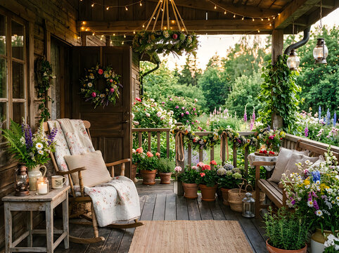 Cozy rustic porch decorated with flowers and fairy lights in a lush garden setting at sunset
