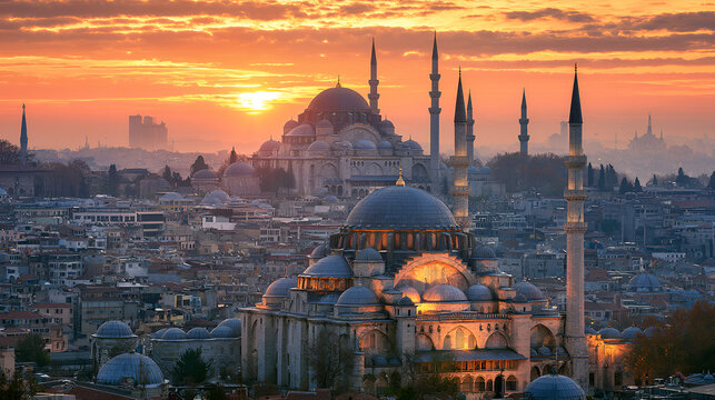 Istanbul skyline featuring suleymaniye mosque and rustem pasha mosque at breathtaking sunset, showing historic ottoman architecture, city life, and travel in turkey