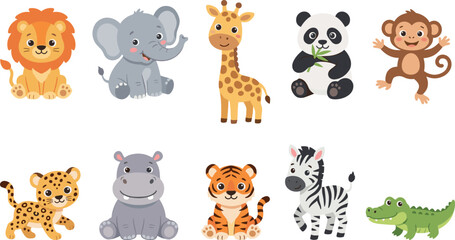 Obraz premium Cute jungle animal cartoon character collection with lion, elephant, giraffe, panda, monkey and adorable wildlife mascots