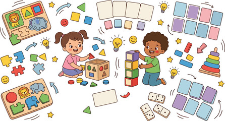 Fototapeta premium Happy Kids Playing with Educational Logic Games and Wooden Sorting Toys for Preschool Learning, Development, and Kindergarten Activities