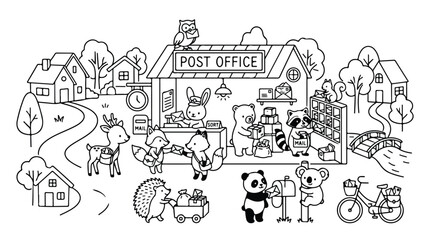 Whimsical train coloring page with cute animals, nursery line art vector illustration of a toy steam engine, zoo animal locomotive on tracks © usman