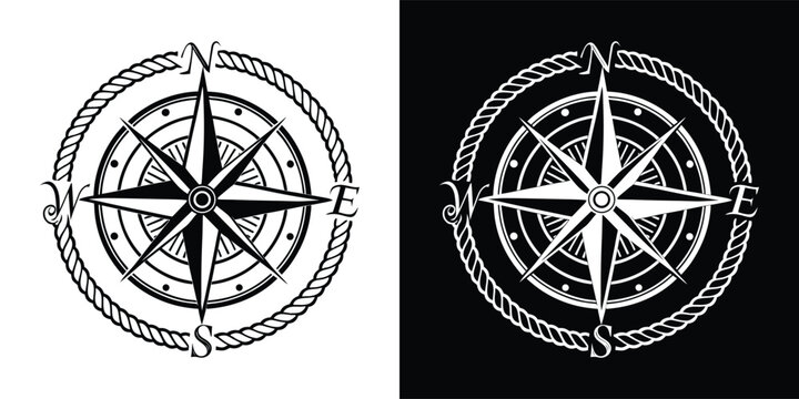 Decorative vintage nautical compass rose design with detailed rope border frame