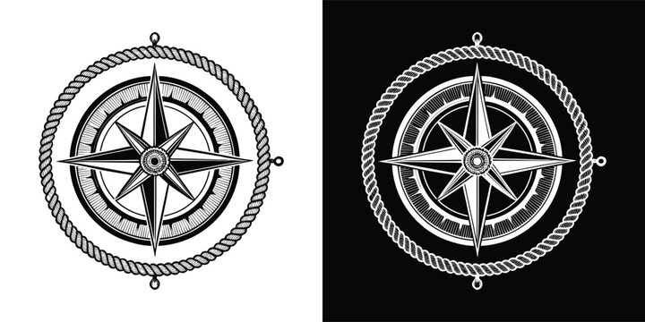 Detailed nautical compass rose illustration with a decorative rope border